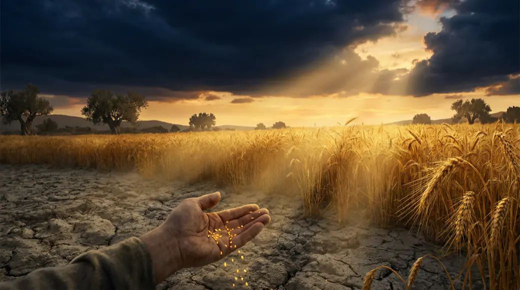 A hand sowing golden seed into cracked famine ground as the same field bursts into a golden harvest